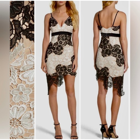 Bardot Lace Cocktail Dress Black White Nude Floral Bodycon Asymmetrical Hem 10 - Picture 1 of 11